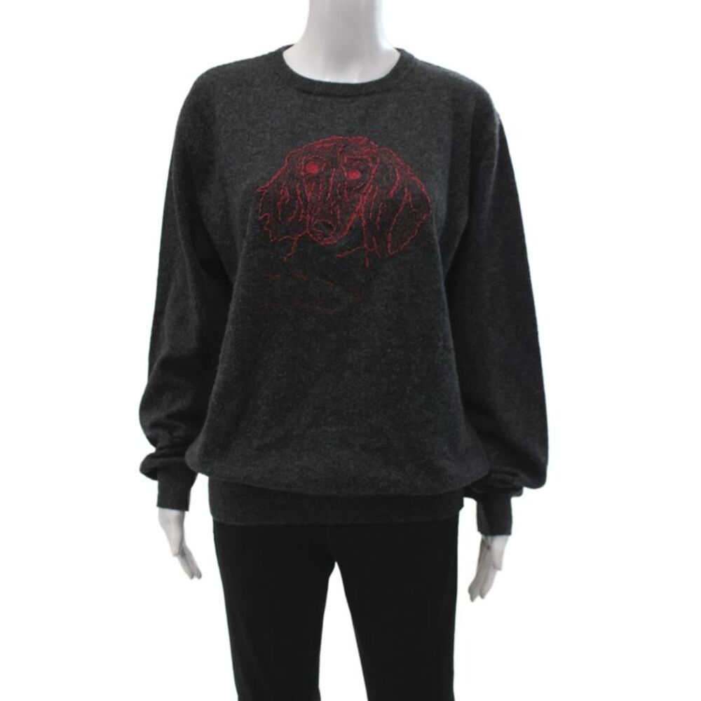 Le Lion Womens Merino Wool Gray Crew Neck Pullover Long Sleeve Dog Size M